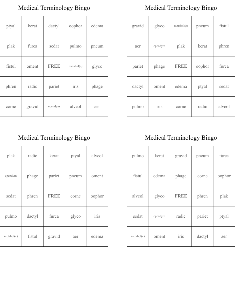Medical Terminology Bingo
