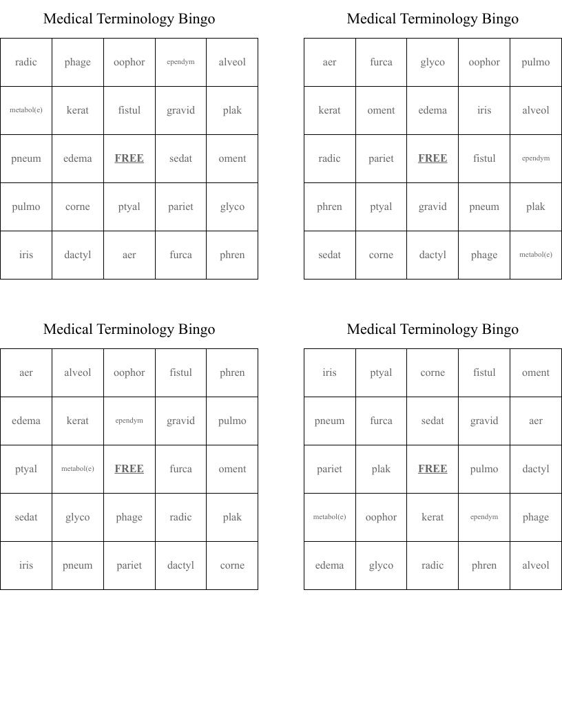 Medical Terminology Bingo