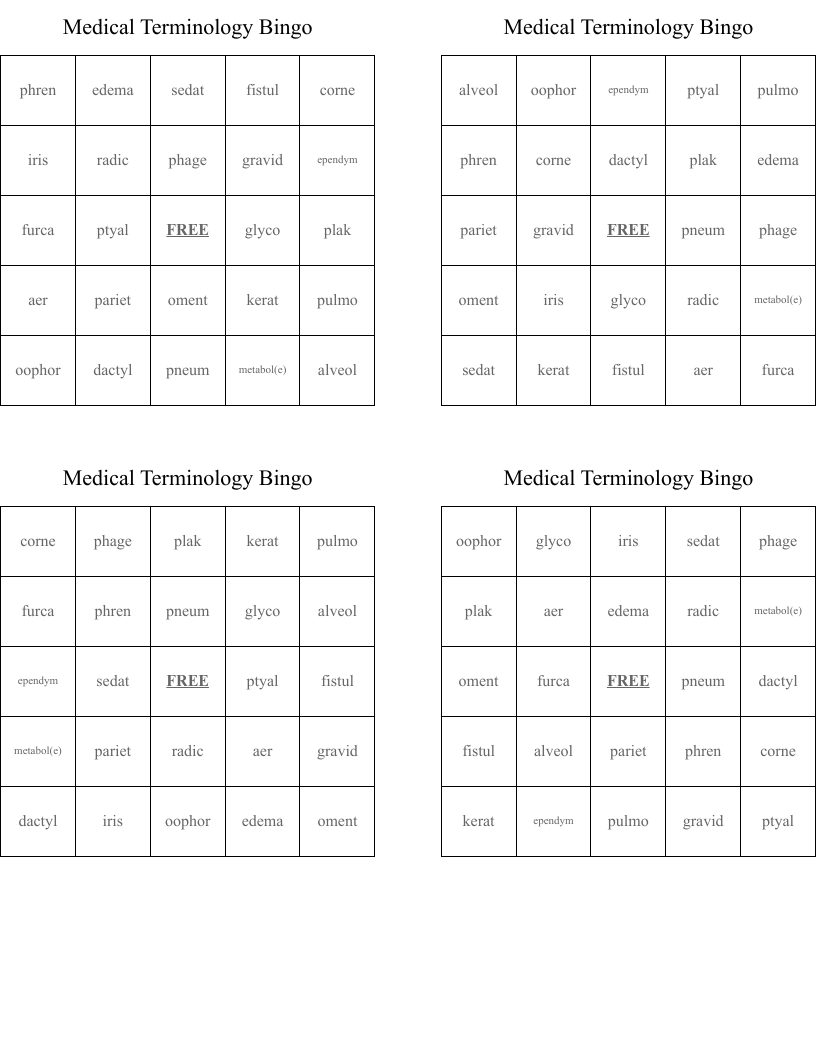 Medical Terminology Bingo