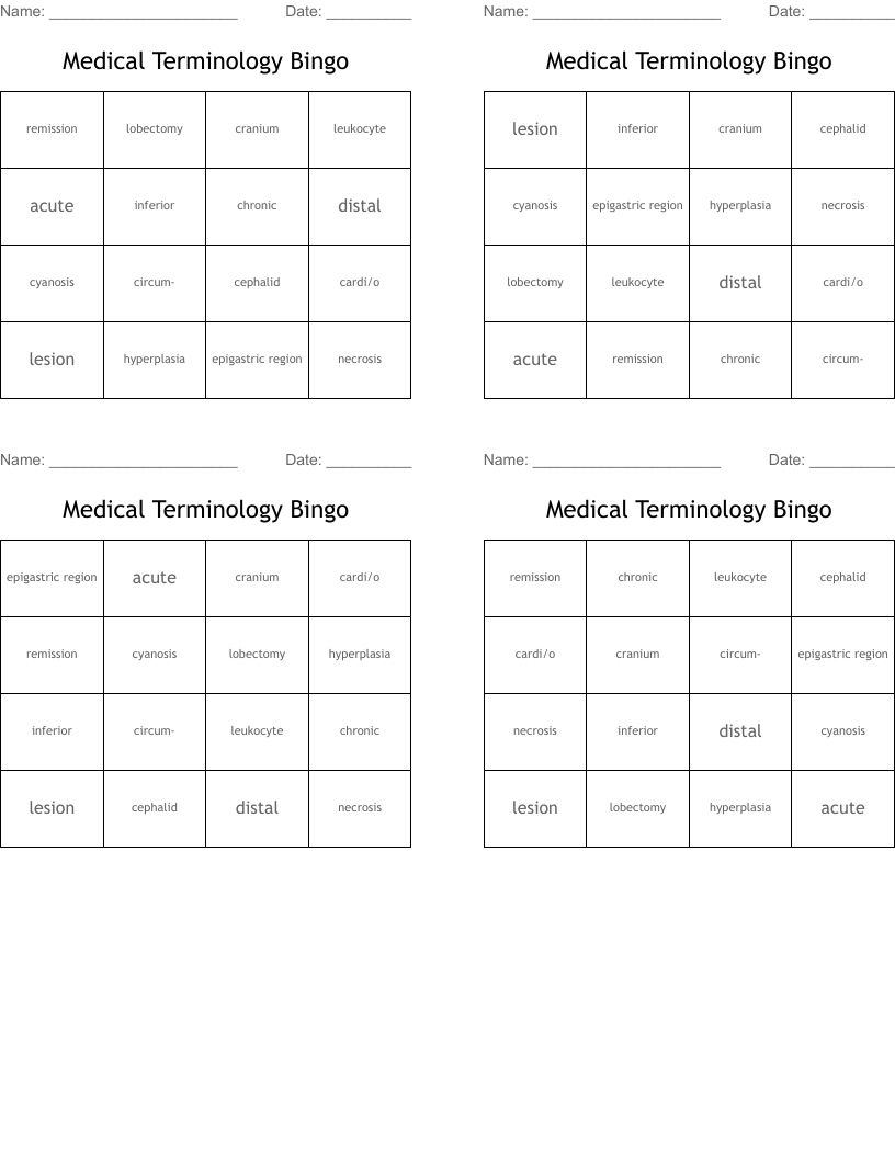 Medical Terminology Bingo