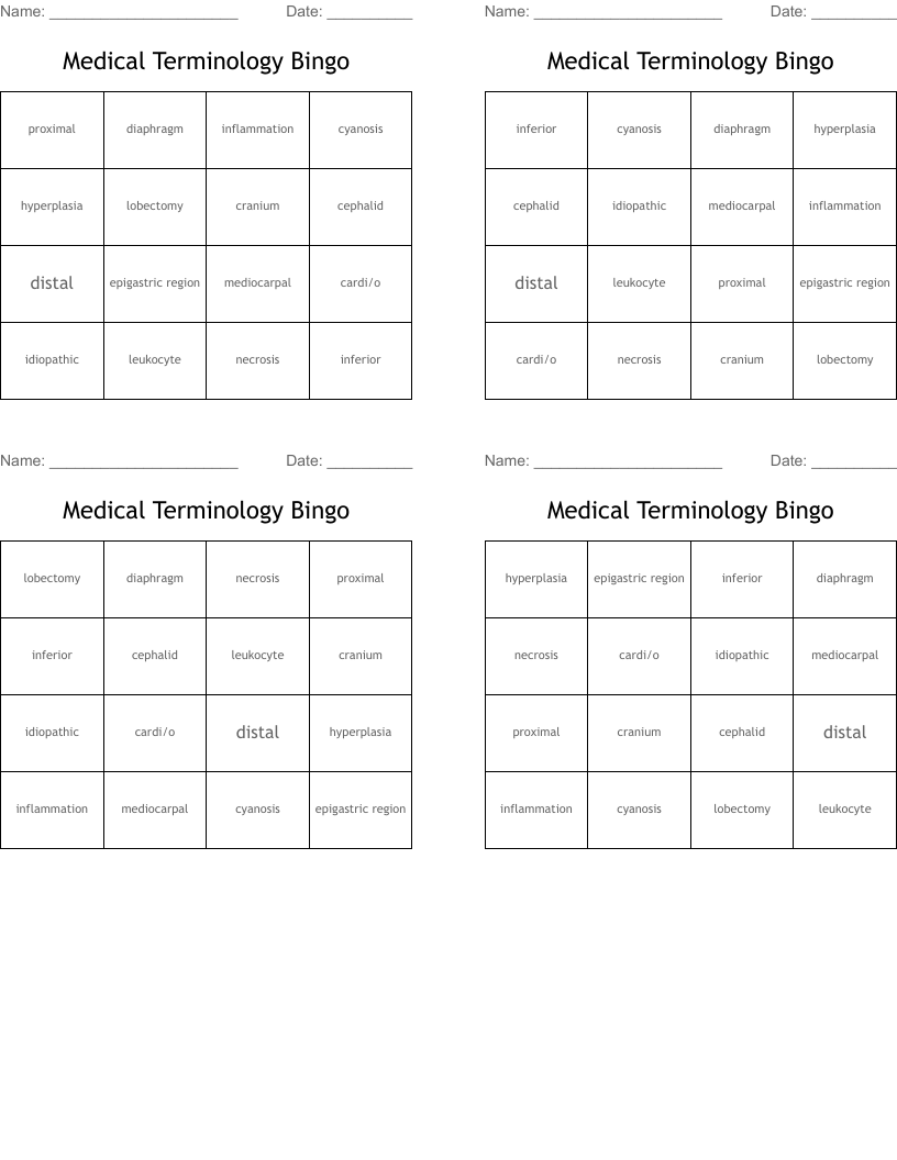 Medical Terminology Bingo