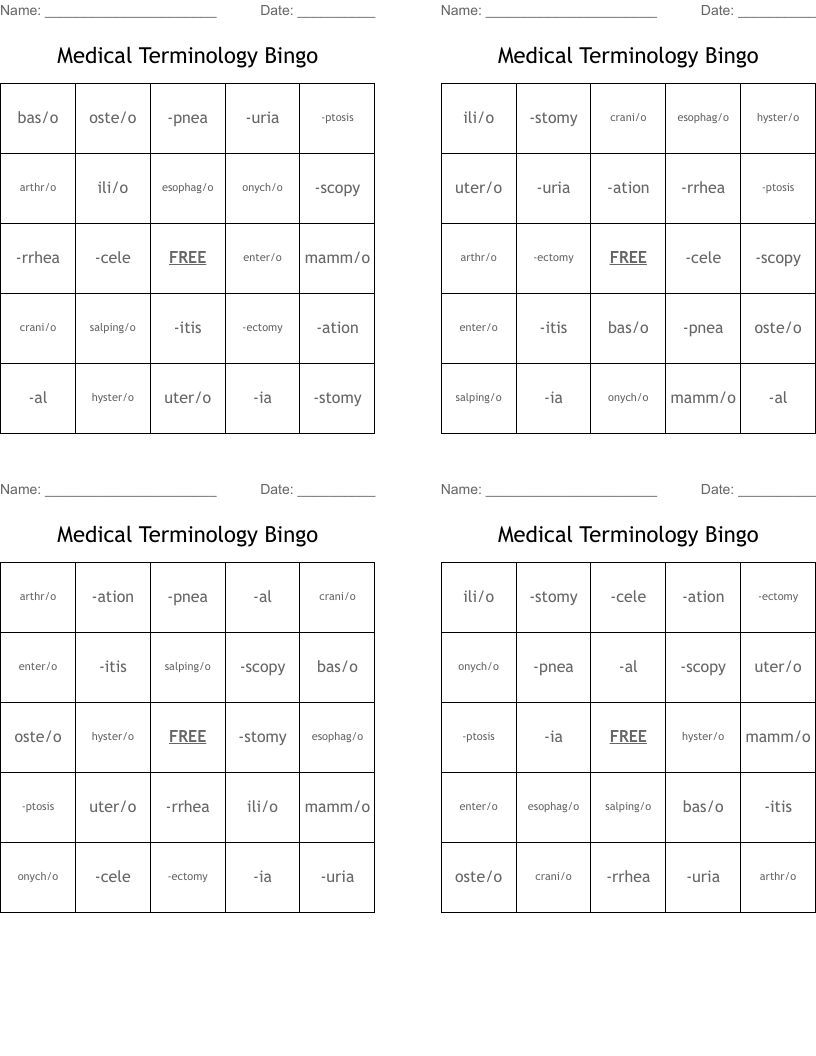Medical Terminology Bingo
