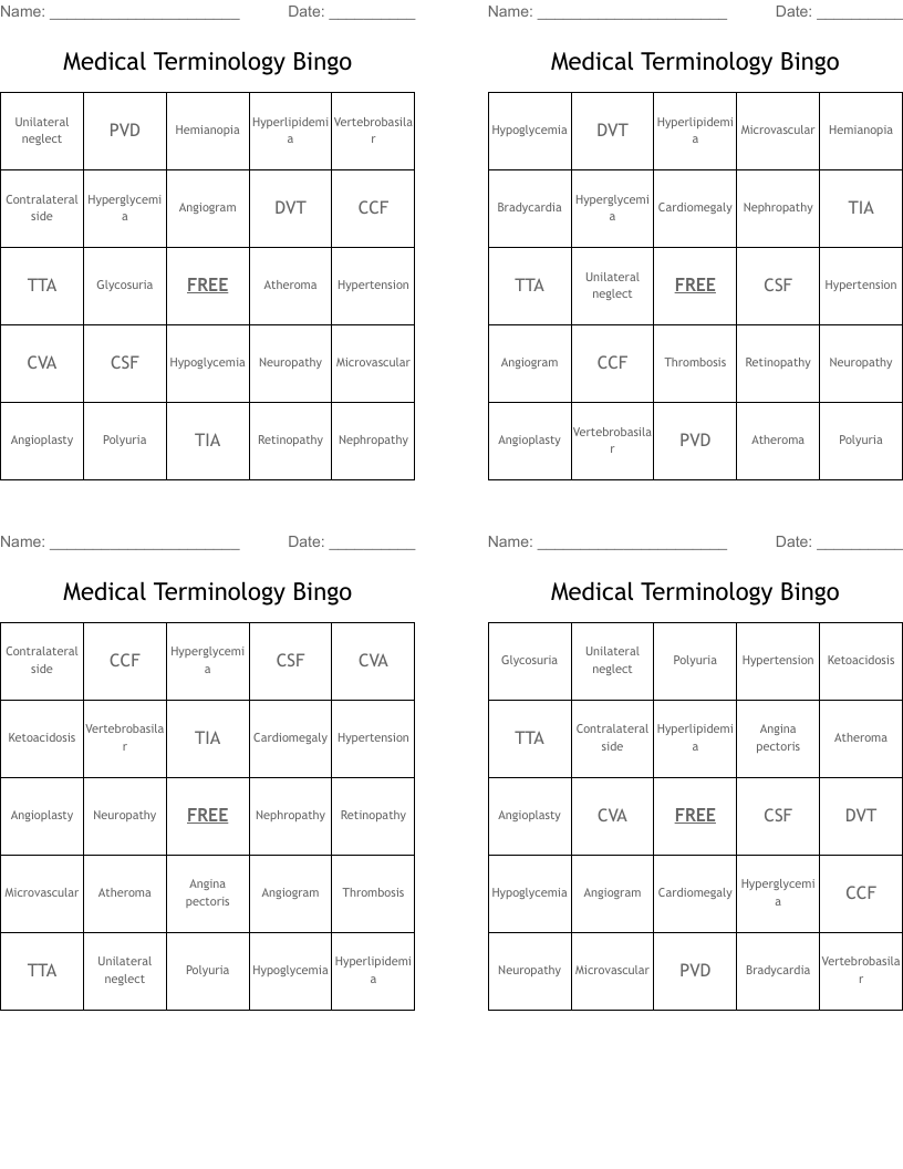 Medical Terminology Bingo