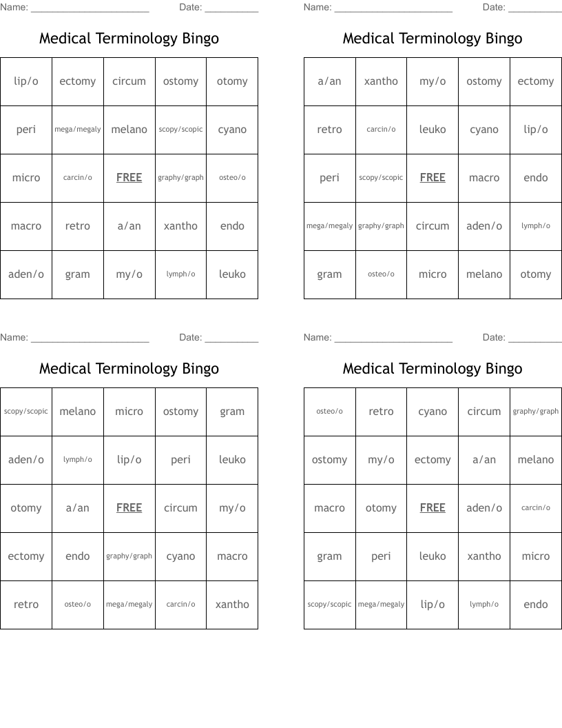 Medical Terminology Bingo