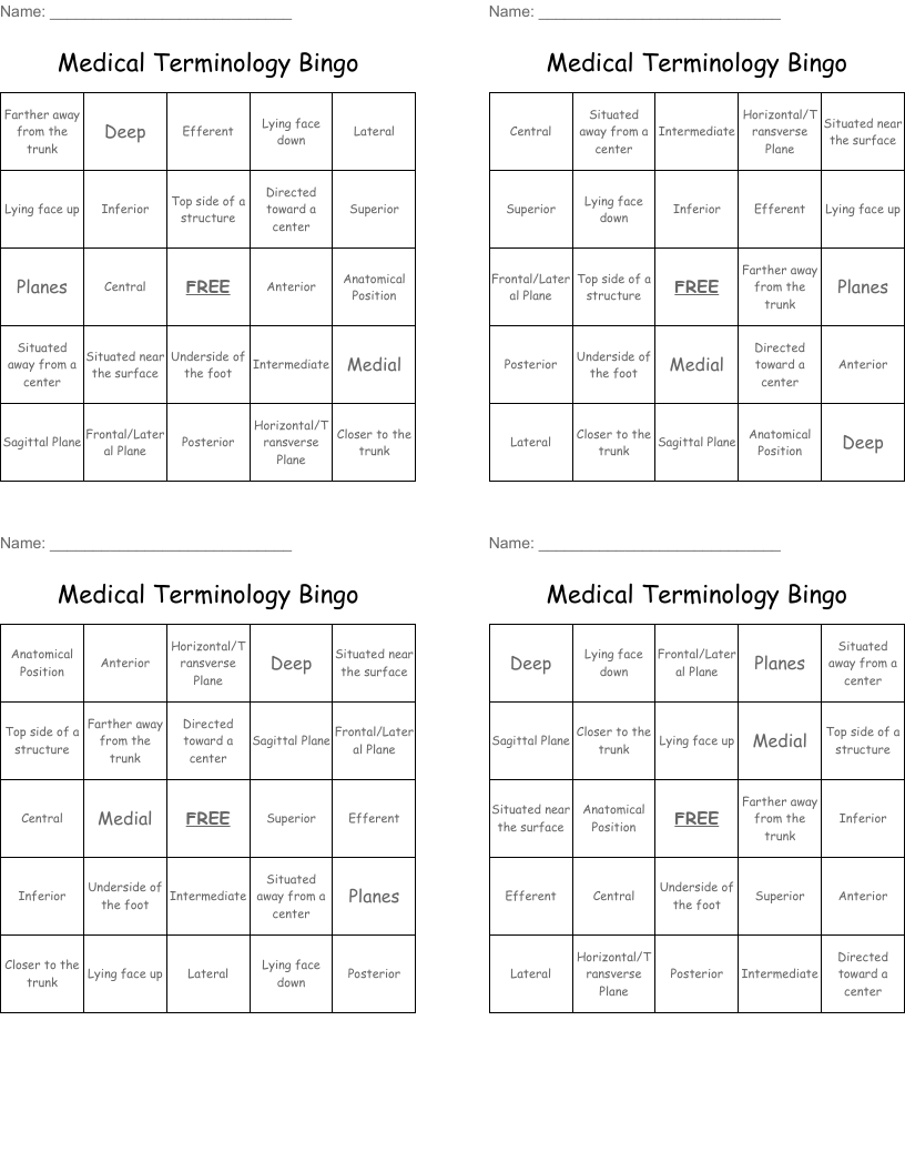 Medical Terminology Bingo