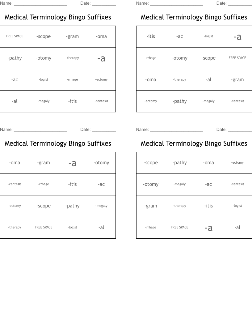 Medical Terminology Bingo Suffixes