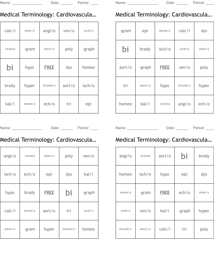 Medical Terminology: Cardiovascular Prefixes, Suffixes, Root Words Bingo Cards