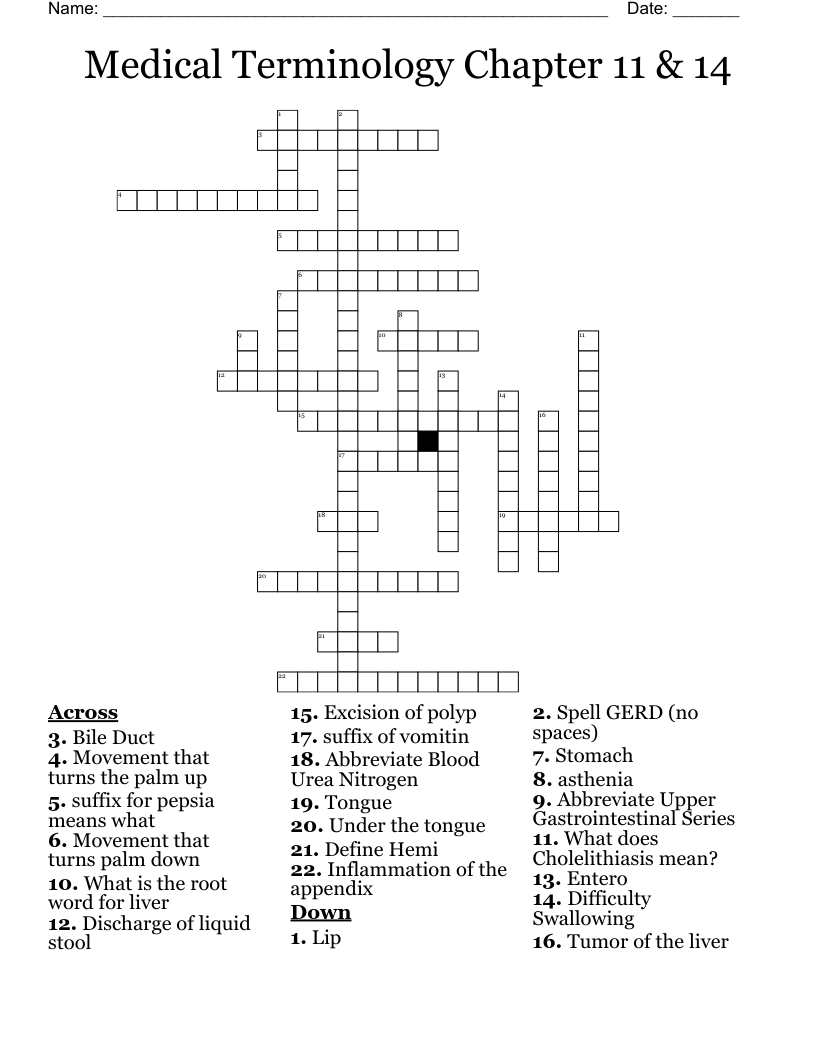 Medical Terminology Chapter 11 & 14 Crossword