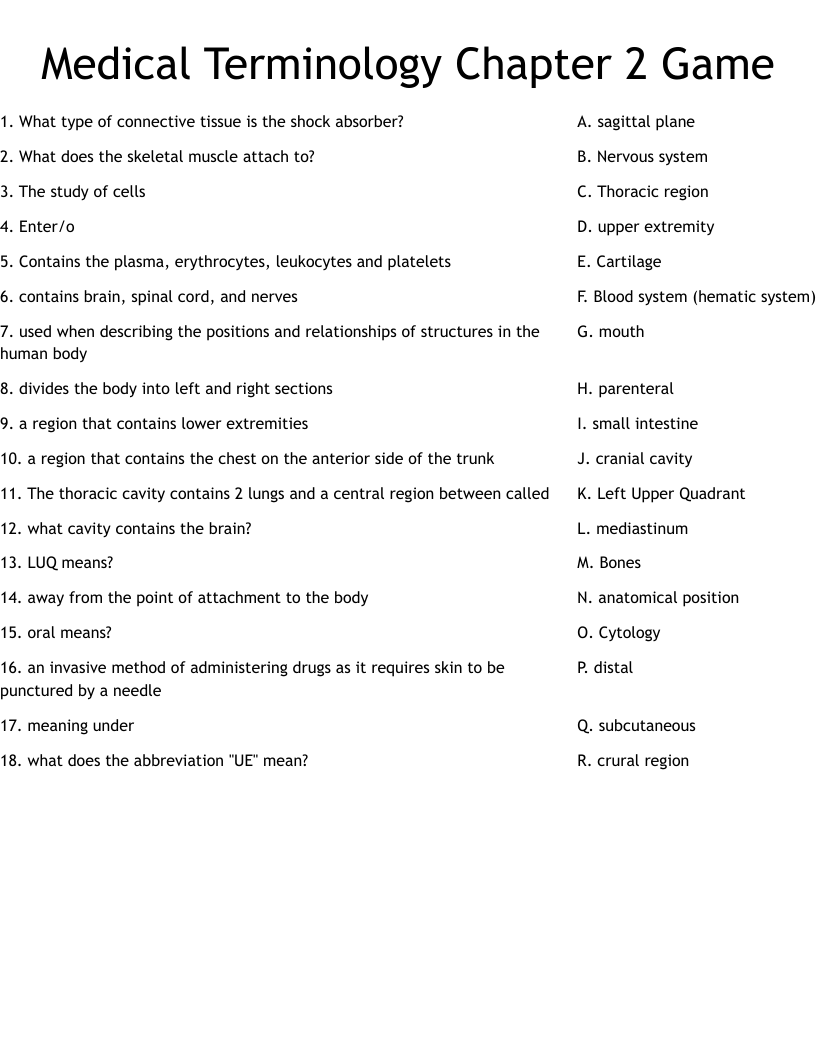 Medical Terminology Chapter 2 Game Worksheet