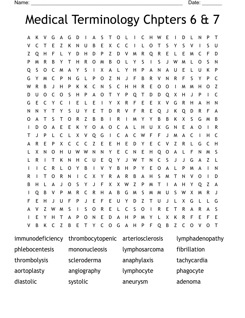Medical Terminology Chpters 6 & 7 Word Search