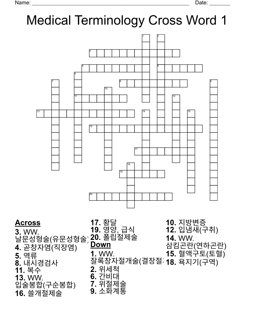 Medical Terminology Cross Word 1