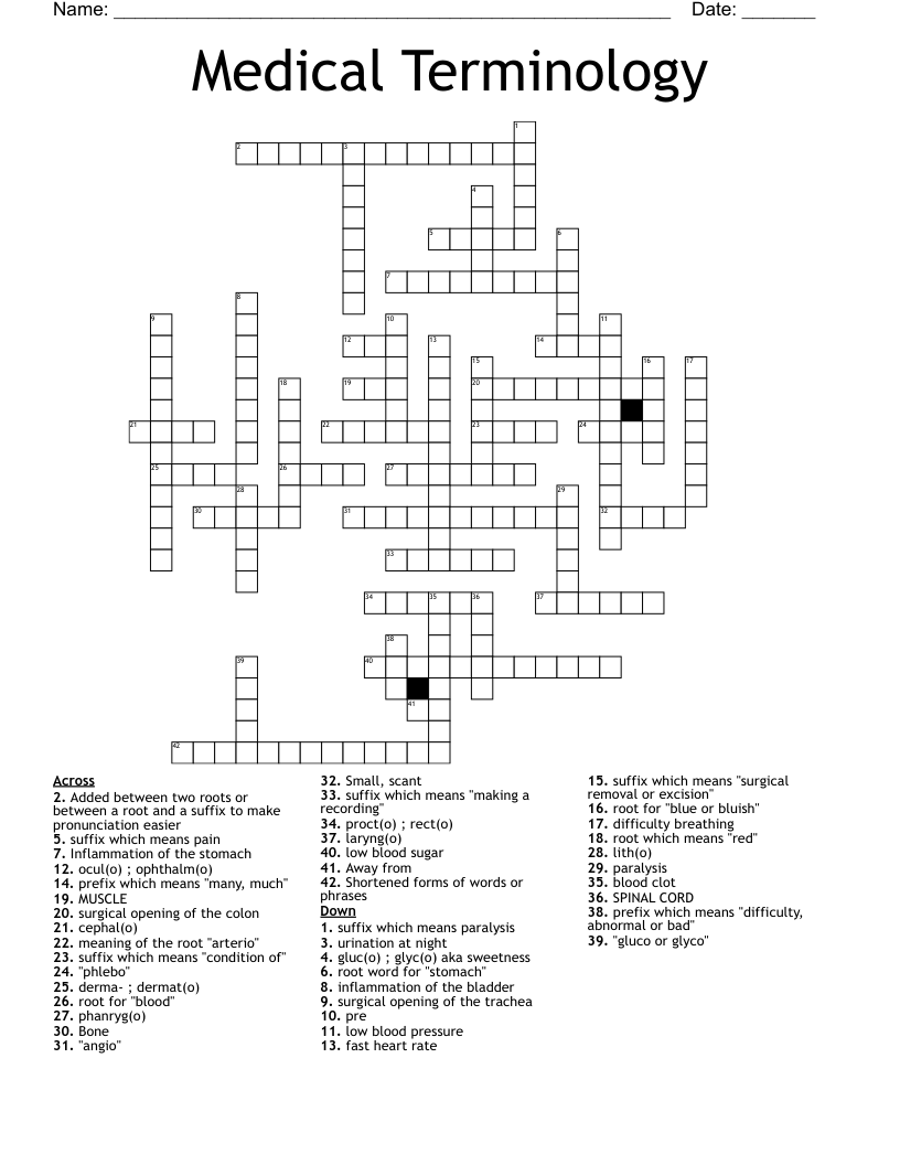 Medical Terminology  Crossword