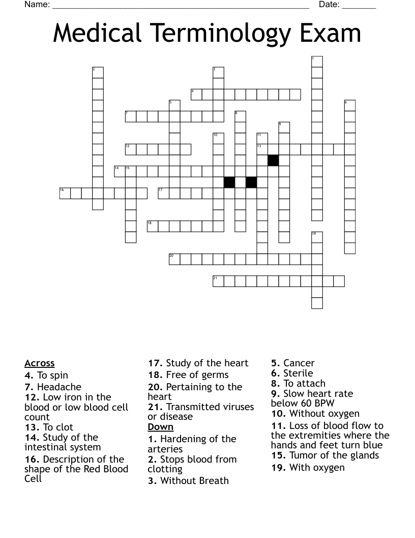 Medical Terminology Exam Crossword