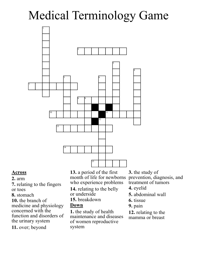 Medical Terminology Game Crossword