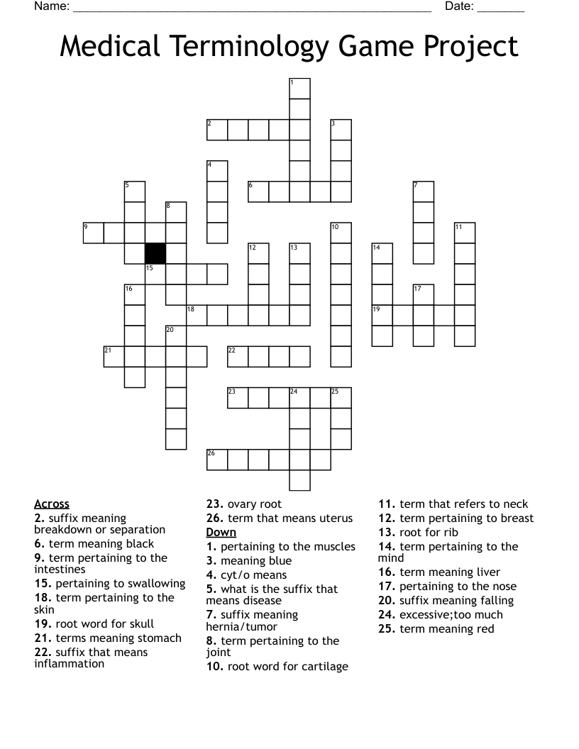 Medical Terminology Game Project Crossword