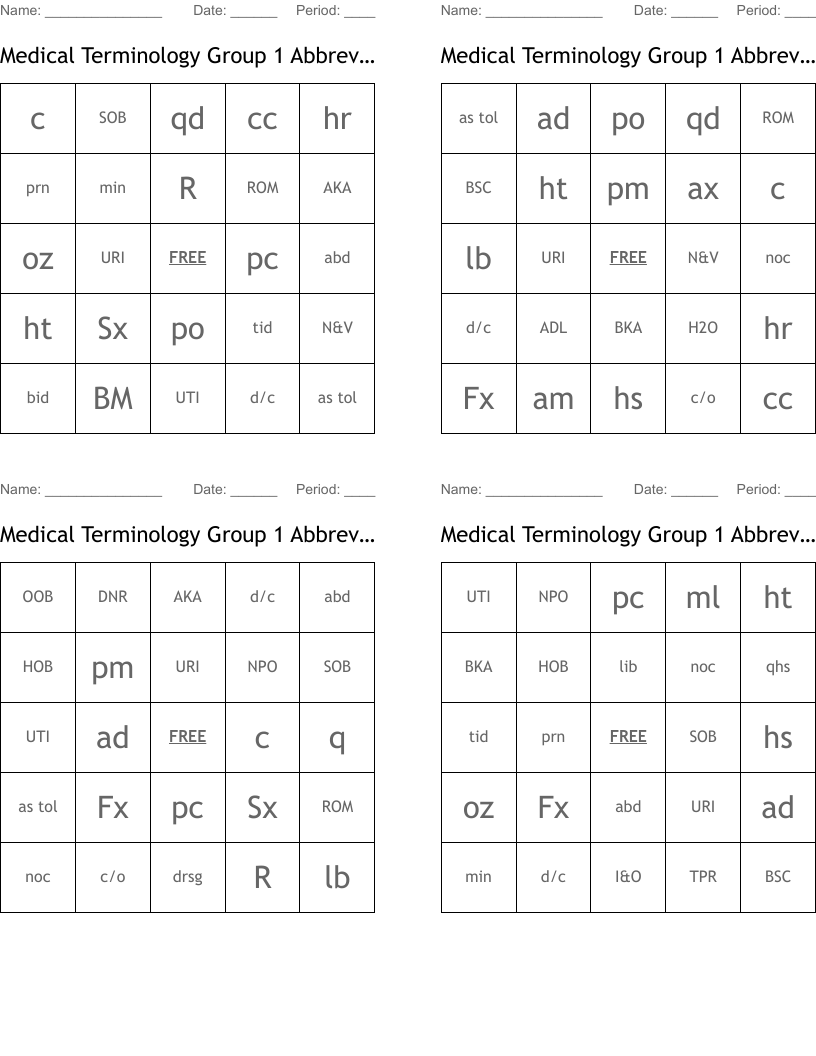 Medical Terminology Group 1 Abbreviations: Bingo Cards