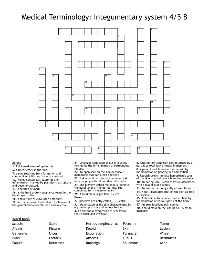 Medical Terminology: Integumentary system 4/5 B Crossword