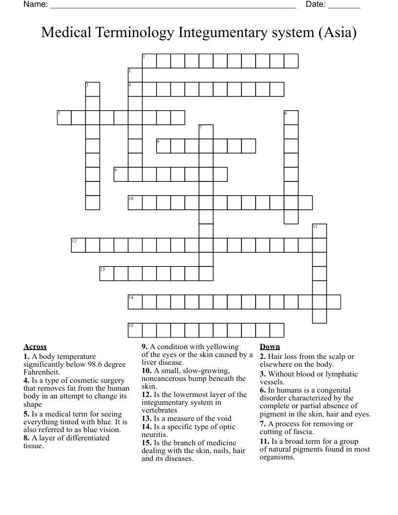 Medical Terminology Integumentary system (Asia) Crossword