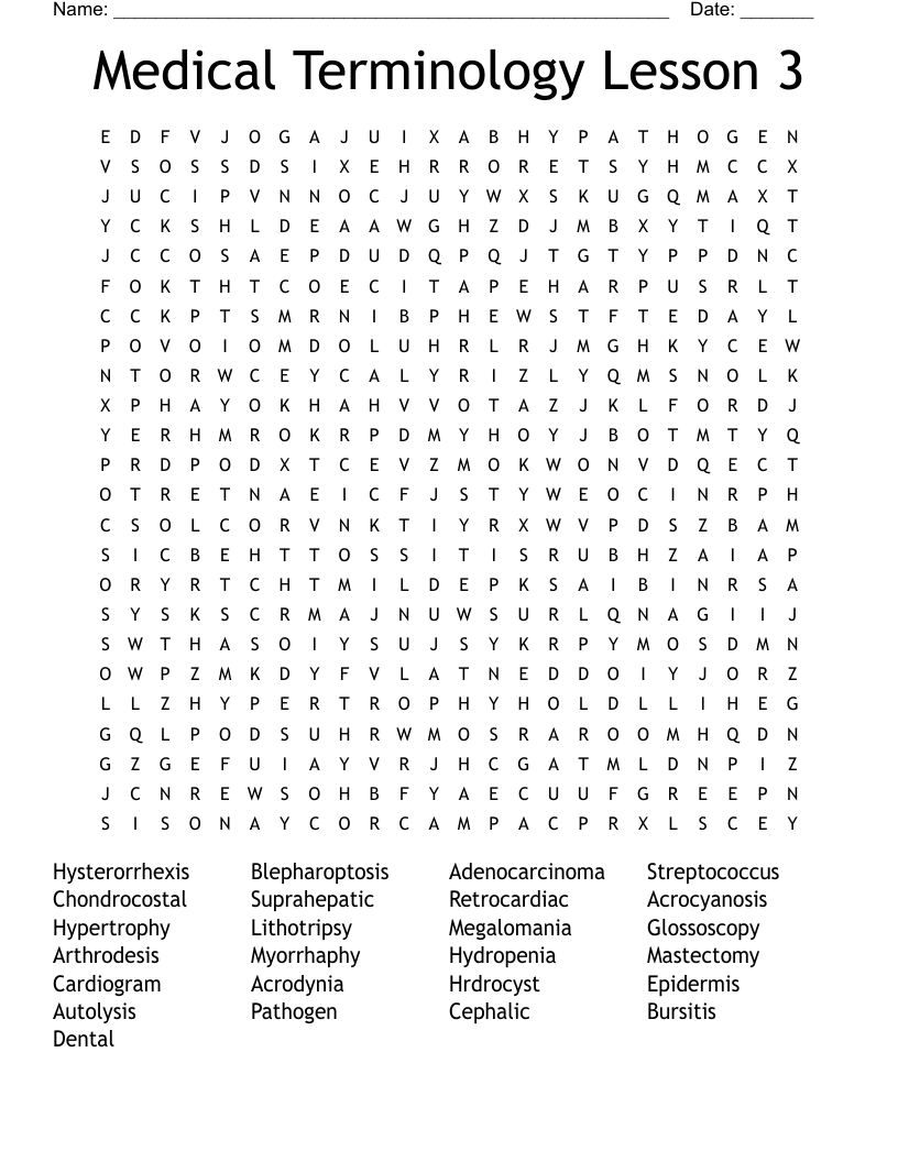 Medical Terminology Lesson 3 Word Search