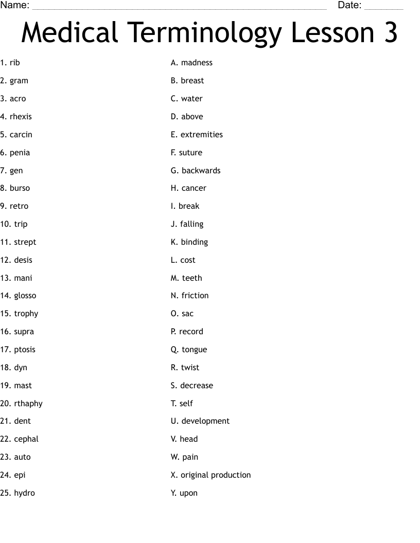 Medical Terminology Lesson 3 Worksheet