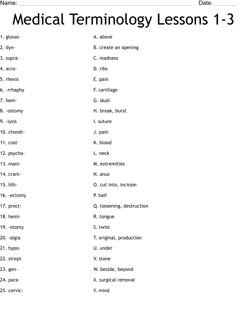 Medical Terminology Lessons 1-3 Worksheet
