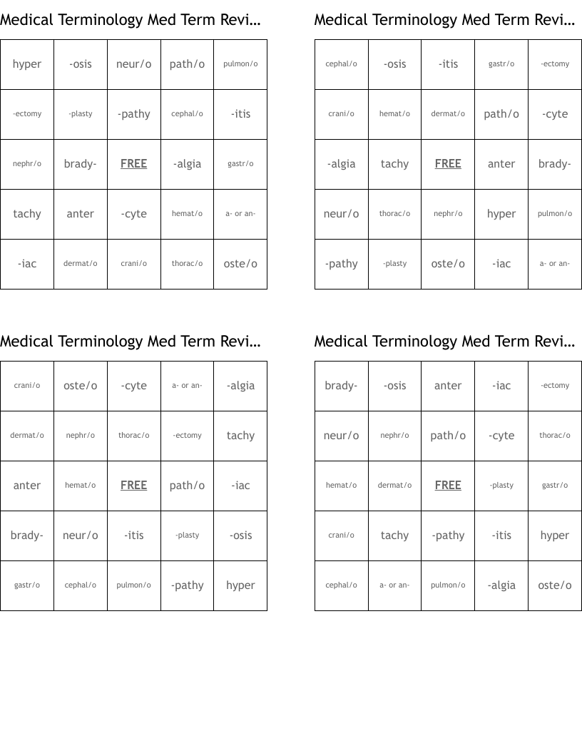 Medical Terminology Med Term Review Bingo Cards
