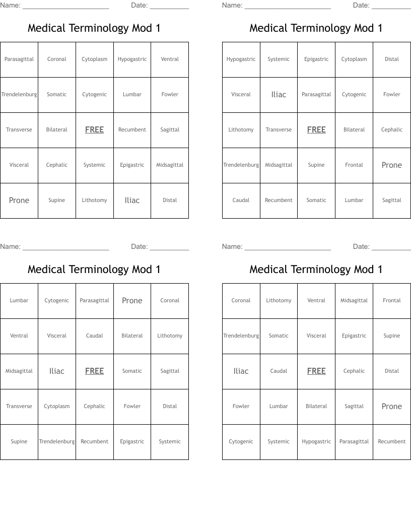 Medical Terminology Mod 1  Bingo Cards