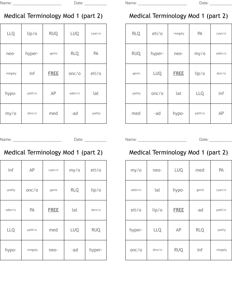 Medical Terminology Mod 1 (part 2)  Bingo Cards