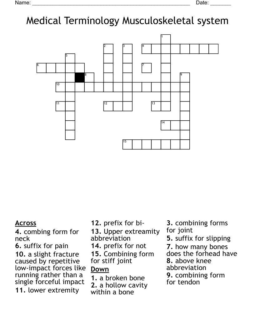 Medical Terminology Musculoskeletal system Crossword