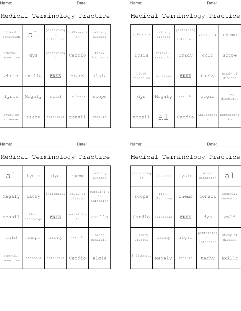 Medical Terminology Practice Bingo Cards