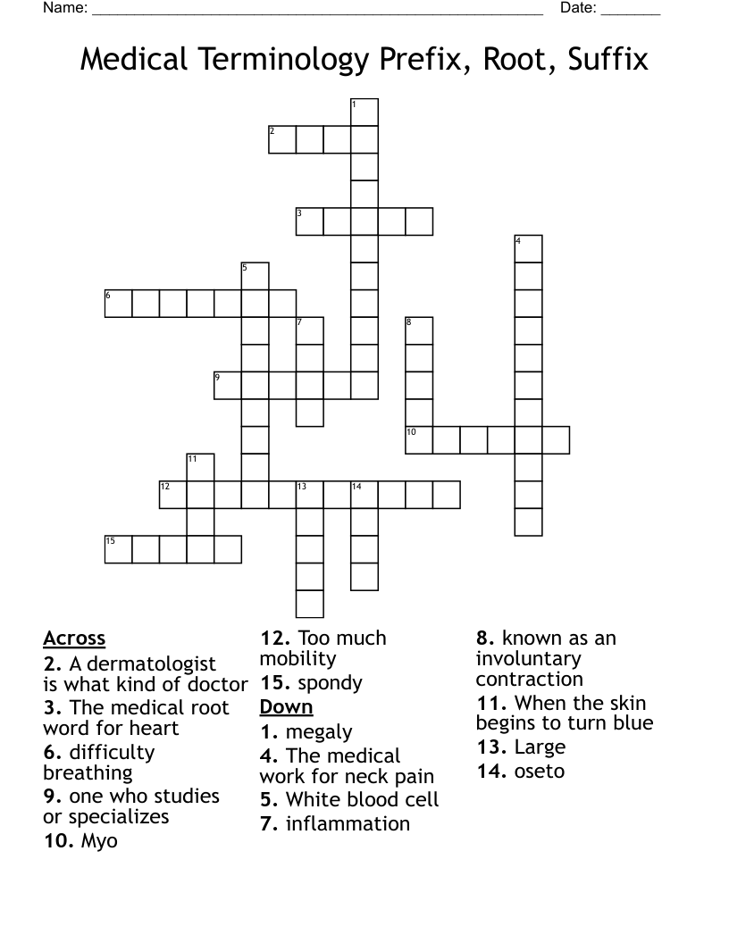 Medical Terminology Prefix, Root, Suffix  Crossword
