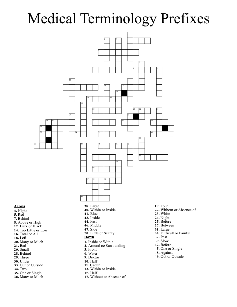 Medical Terminology Prefixes Crossword
