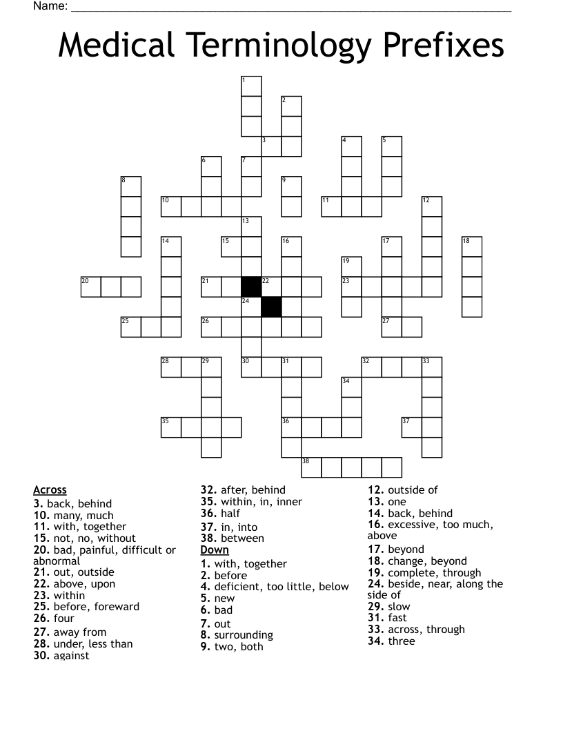 Medical Terminology Prefixes Crossword