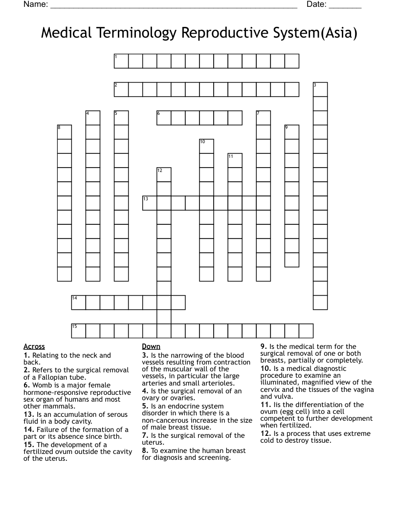 Medical Terminology Reproductive System(Asia) Crossword