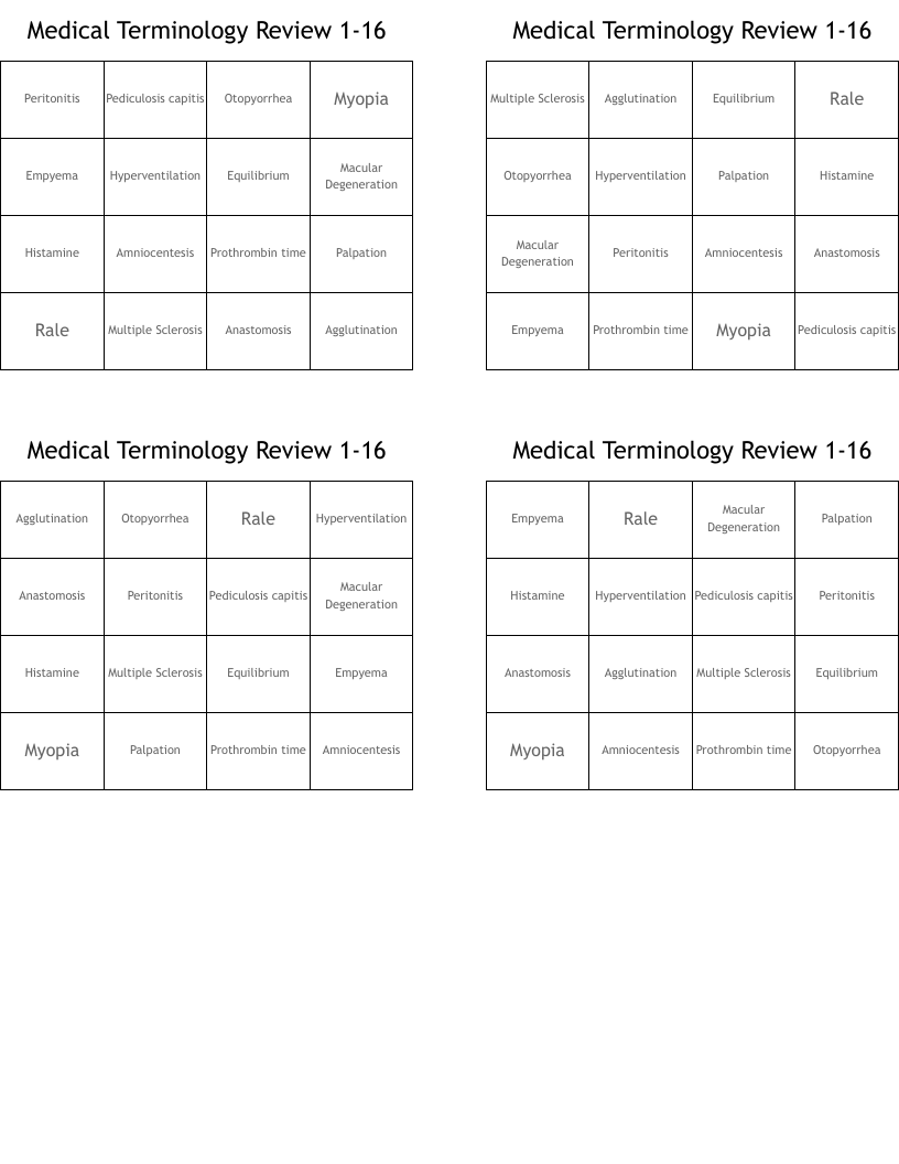 Medical Terminology Review  1-16 Bingo Cards