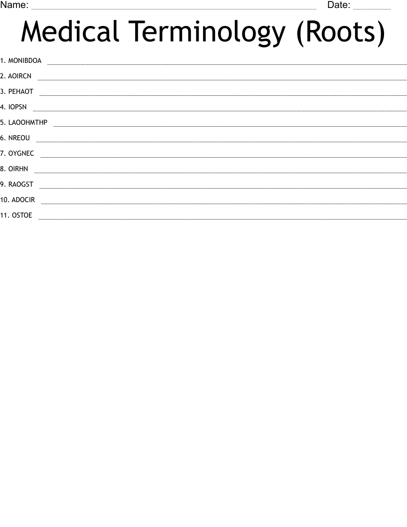 Medical Terminology (Roots) Word Scramble