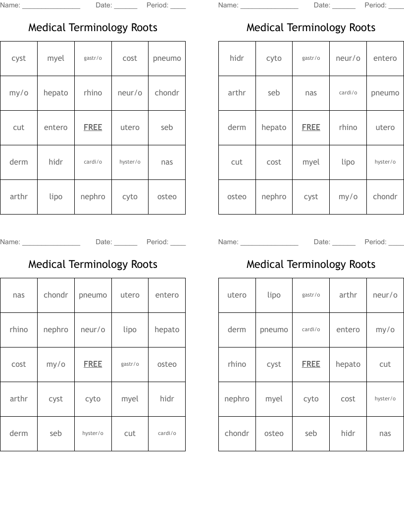 Medical Terminology Roots Bingo Cards