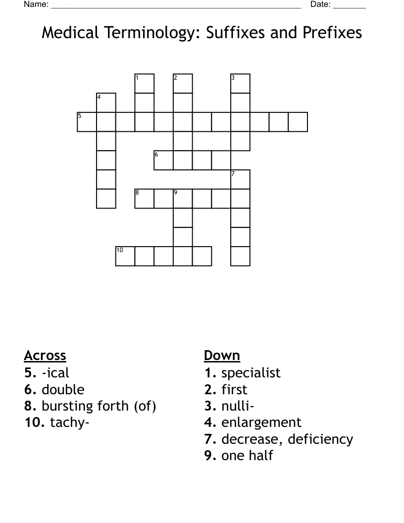 Medical Terminology: Suffixes and Prefixes Crossword