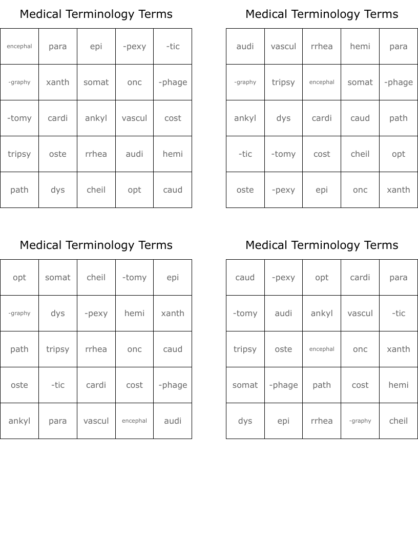 Medical Terminology Terms Bingo Cards