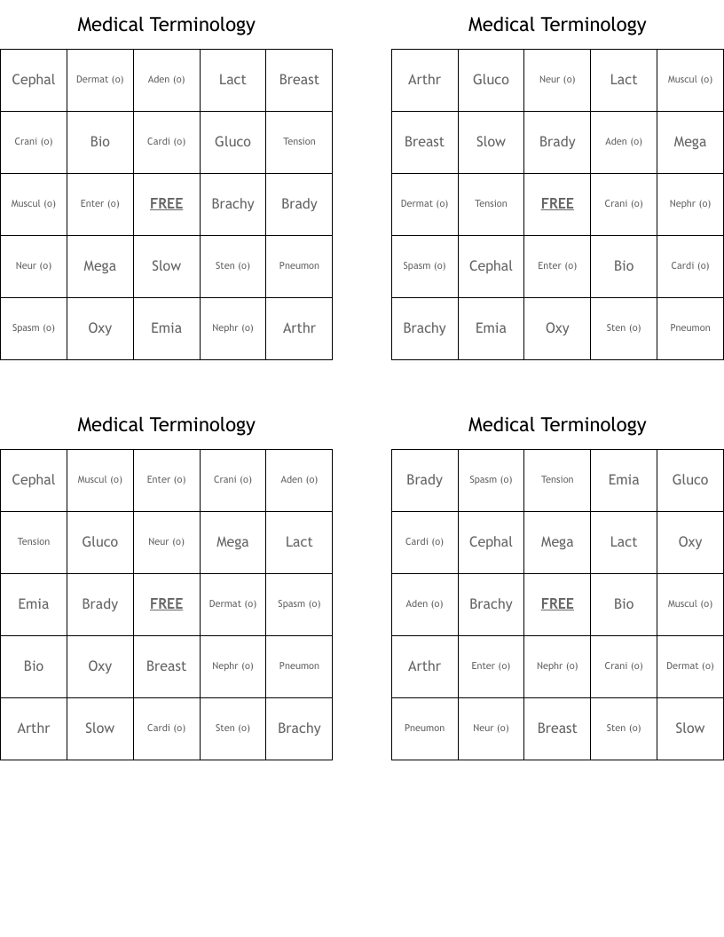 Medical Terminology  Bingo Cards