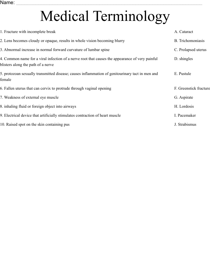 Medical Terminology  Worksheet