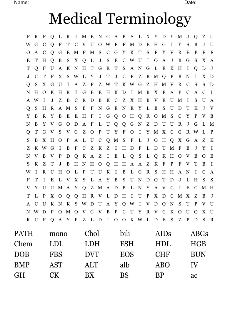 Medical Terminology  Word Search