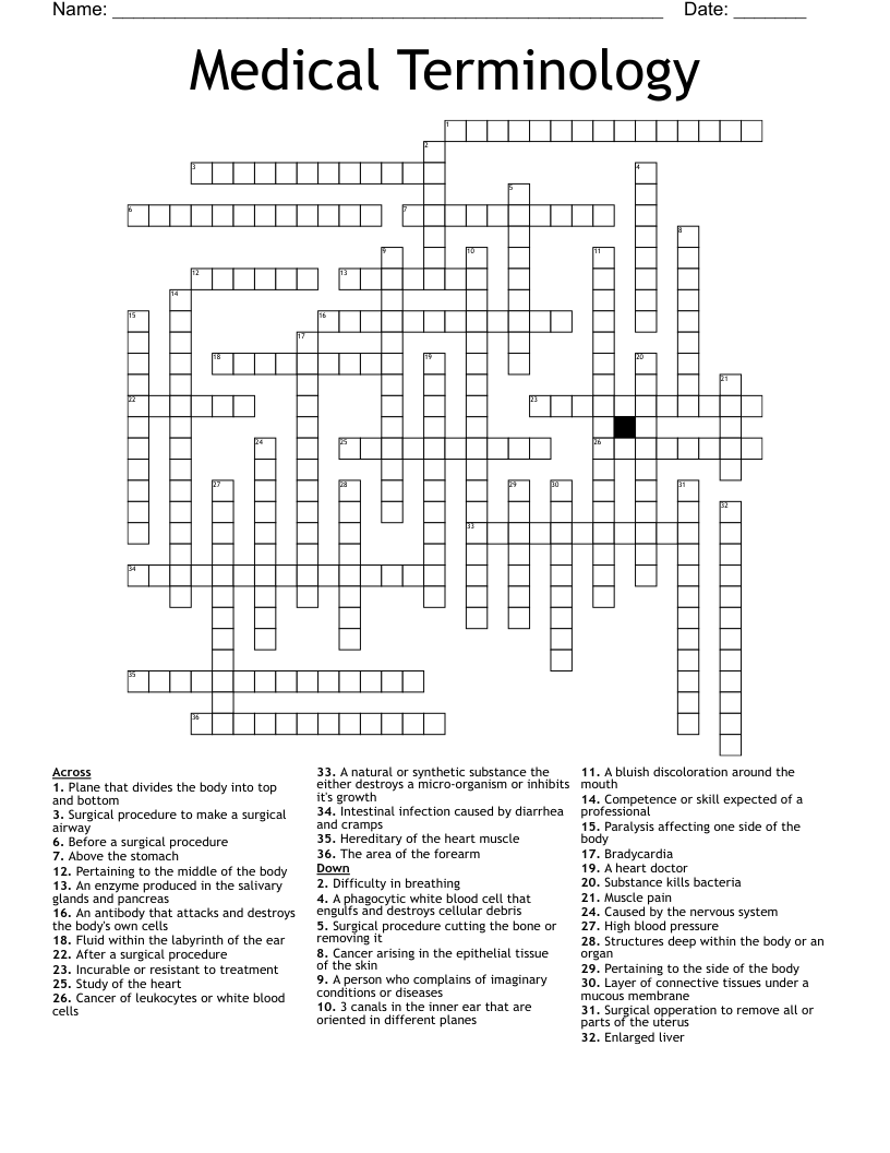 Medical Terminology  Crossword