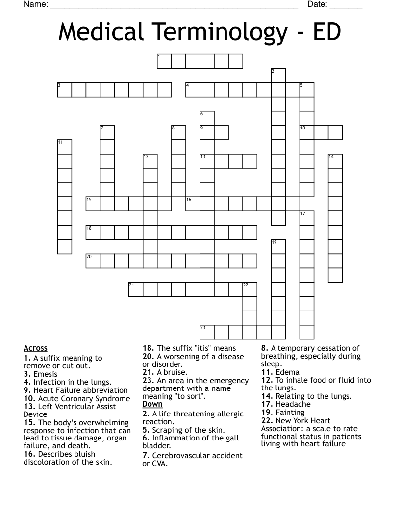 Medical Terminology - ED Crossword