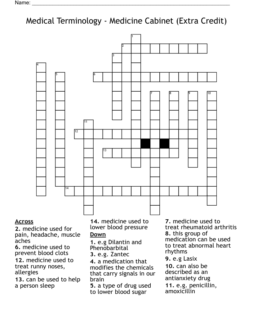 Medical Terminology - Medicine Cabinet (Extra Credit) Crossword