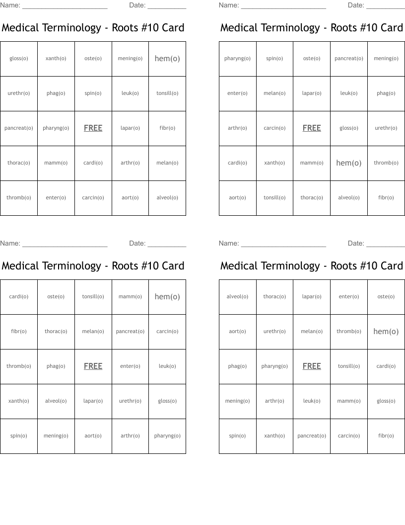 Medical Terminology - Roots #10 Card  Bingo Cards