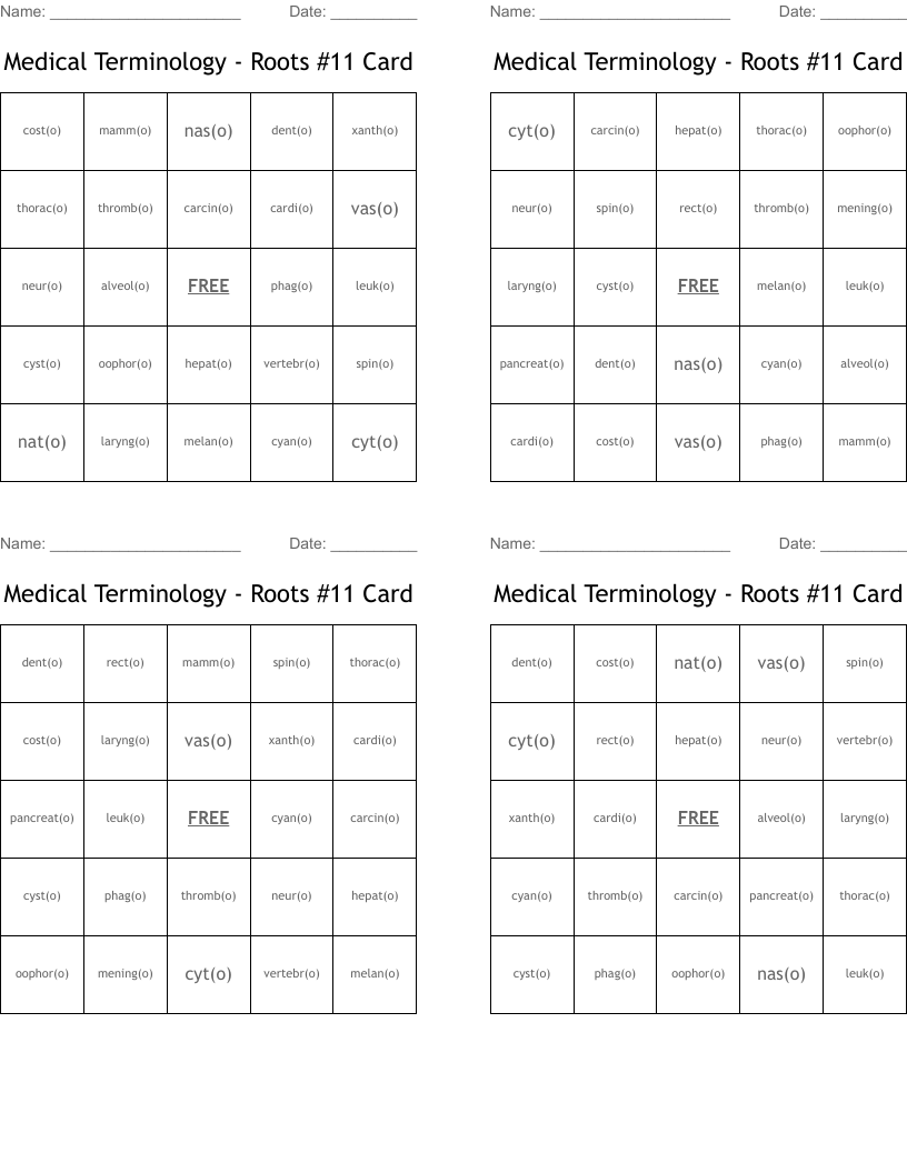 Medical Terminology - Roots #11 Card  Bingo Cards