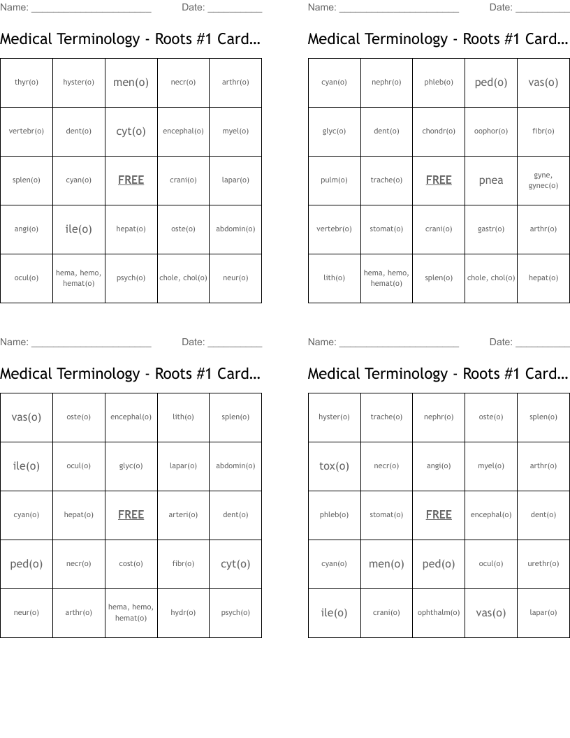 Medical Terminology - Roots #1 Card (and Call Out!) Bingo Cards