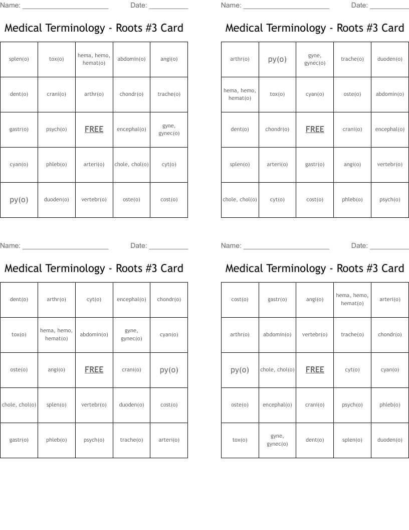 Medical Terminology - Roots #3 Card Bingo Cards
