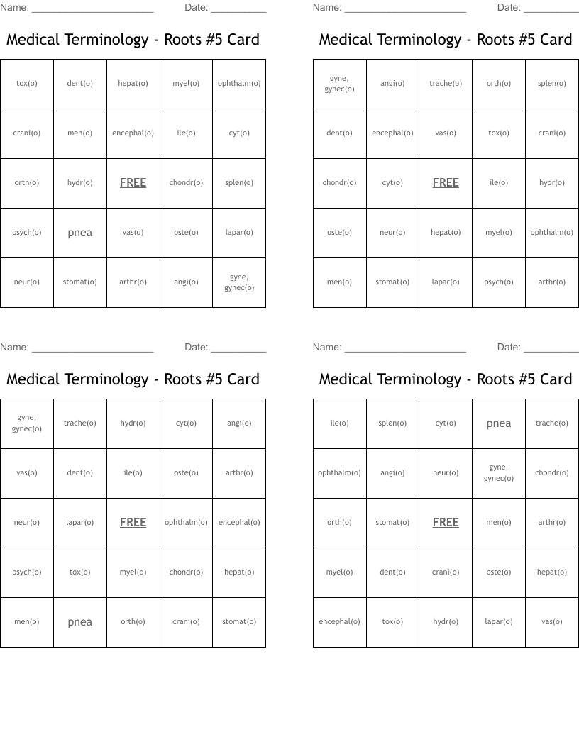 Medical Terminology - Roots #5 Card Bingo Cards